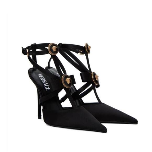 NIB Versace Gianni Ribbon EU 40 US 10 Black Satin Cage 110mm Pumps Runway $1,325 - Picture 1 of 16